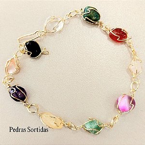 Pulseira Pedras Naturais Cores Sortidas 10 Pedras banhada a ouro