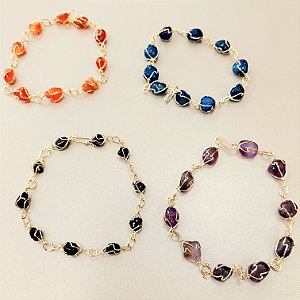 Pulseira Cesta Pedras Naturais Banhada a Ouro
