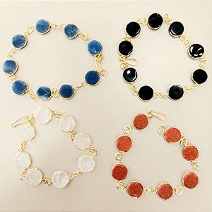 Pulseira Pedras Naturais Ranhurada Banhada a Ouro