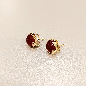 Brinco redondo Agata Vermelha Meia Coroa 10mm Pedras Naturais Esfera