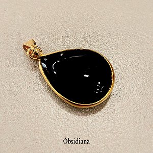 Pingente Gota Obsidiana Negra 13x18mm. Pedras Naturais Banhado a Ouro