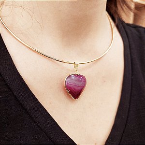 Pingente Coração Agata Rosa 26mm. Pedras Naturais Banhado a Ouro