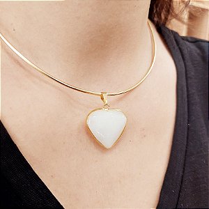 Pingente Coração Quartzo Branco 26mm. Pedras Naturais Banhado a Ouro