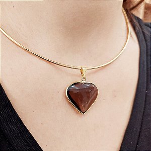 Pingente Coração Quartzo Fume 26mm. Pedras Naturais Banhado a Ouro