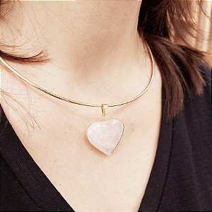 Pingente Coração Quartzo Rosa 26mm. Pedras Naturais Banhado a Ouro