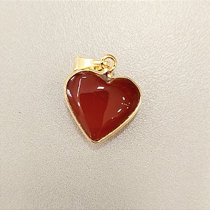 Pingente Coração Agata Vermelha 16mm. Pedras Naturais Banhado a Ouro