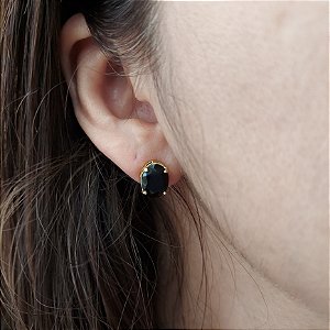 Brinco de OBSIDIANA NEGRA 8x10mm. Pedras Naturais Banhado a Ouro