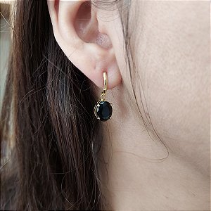 Brinco de OBSIDIANA NEGRA 6x8mm. Pedras Naturais Banhado a Ouro
