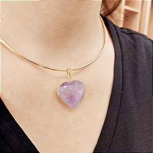 Pingente Coração Ametista 26mm. Pedras Naturais Banhado a Ouro