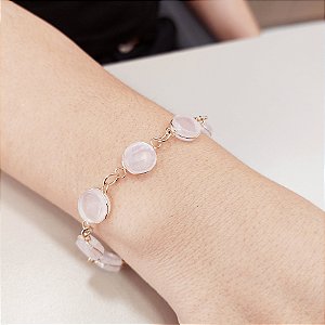 Pulseira Quartzo Rosa Ranhurada. Pedras Naturais Banhada a Ouro