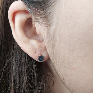 Brinco Prata 925 Topázio London Blue. Redondo 3mm. Top Facetado Galeria. Pedras Naturais