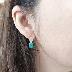 Brinco Prata 925 Agata Verde. Chapa 5mm. Top Facetado Galeria. Pedras Naturais
