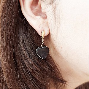 Brinco de Coração Obsidiana Negra P. Pedras Naturais Banhado a Ouro