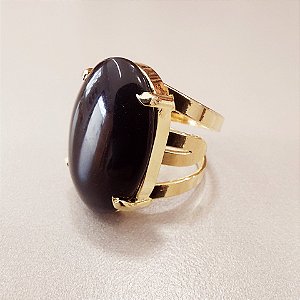 Anel Oval Obsidiana Negra 20x30mm. Pedras Naturais. Banhado a Ouro
