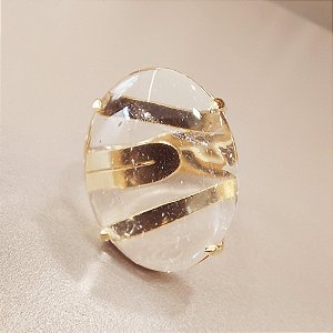 Anel Oval Cristal 20x30mm. Pedras Naturais. Banhado a Ouro