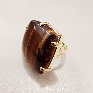 Anel Quadrado Olho de Tigre  25x25mm. Pedras Naturais. Banhado a Ouro