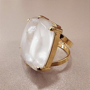 Anel Quadrado Cristal  25x25mm. Pedras Naturais. Banhado a Ouro