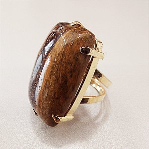 Anel Retangular Olho de Tigre 20x30mm. Pedras Naturais. Banhado a Ouro
