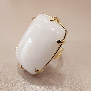 Anel Retangular Quartzo Branco 20x30mm. Pedras Naturais. Banhado a Ouro