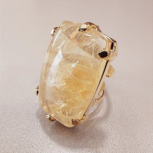 Anel Retangular Citrino 20x30mm. Pedras Naturais. Banhado a Ouro