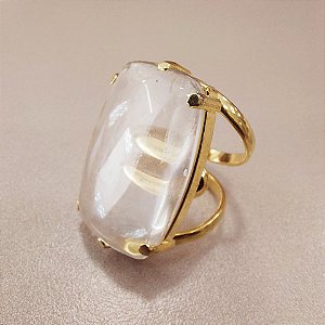 Anel Retangular Cristal 20x30mm. Pedras Naturais. Banhado a Ouro