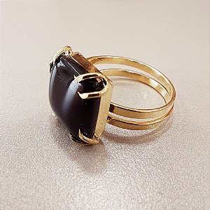 Anel Quadrado Obsidiana Negra 15x15mm. Pedras Naturais. Banhado a Ouro