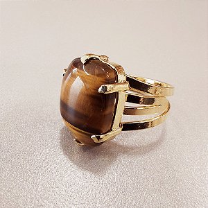 Anel Retangular Olho de Tigre 13x18mm. Pedras Naturais. Banhado a Ouro