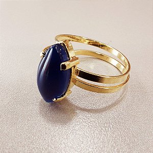 Anel Navete Agata Azul 18mm. Pedras Naturais. Banhado a Ouro