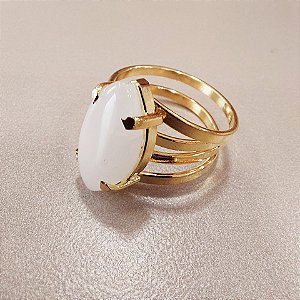 Anel Navete Quartzo Branco 18mm. Pedras Naturais. Banhado a Ouro