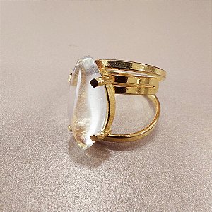 Anel Navete Cristal 18mm. Pedras Naturais. Banhado a Ouro