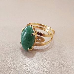 Anel Navete Quartzo Verde 18mm. Pedras Naturais. Banhado a Ouro