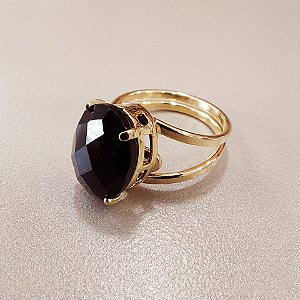 Anel Oval Obsidiana Negra 10x14mm. Pedras Naturais. Banhado a Ouro