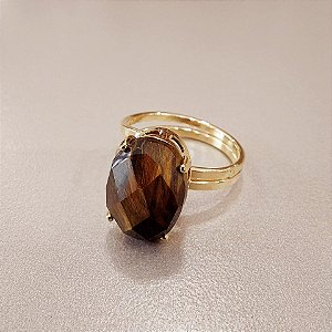 Anel Oval Olho de Tigre 10x14mm. Pedras Naturais. Banhado a Ouro