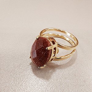 Anel Oval Pedra do Sol 10x14mm. Pedras Naturais. Banhado a Ouro