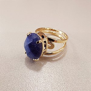 Anel Oval Quartzo Azul 10x14mm. Pedras Naturais. Banhado a Ouro