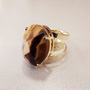Anel Oval Olho de Tigre 15X20mm. Pedras Naturais. Banhado a Ouro
