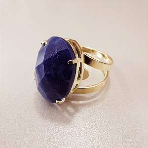 Anel Oval Quartzo Azul 15X20mm. Pedras Naturais. Banhado a Ouro
