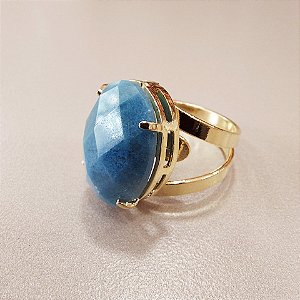 Anel Oval Quartzo Azul Trolita 15X20mm. Pedras Naturais. Banhado a Ouro