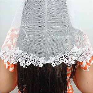 Véu CCB Adulto Renda Guipir Aplicada Com Apliques Florais