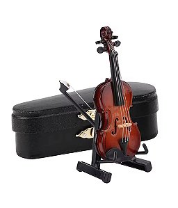 Mini Violino Instrumento Musical Miniatura em Madeira com Estojo e Suporte