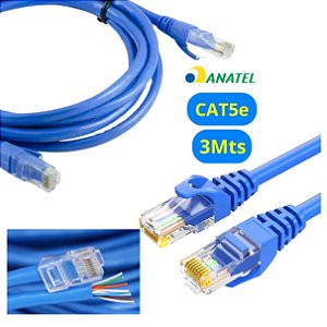 Cabo de Rede 3 Metros Cat5e Rj45 Lan Internet Ethernet Crimpado Azul