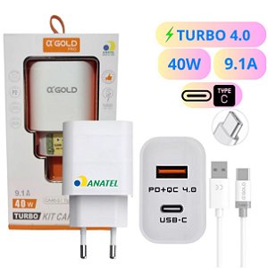 Kit Fonte 40W 9.1A + Cabo Carregador Turbo 4.0 Usb Tipo-C Entrada Usb-A + Usb-C