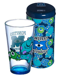 Universidade Monstros S.A Kit Copo De Vidro 500ml + Cofre Metal Mike Sulley Sullivan Oficial Disney