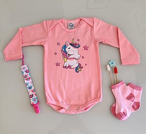 Body para Bebê Manga Longa Rosa Unicórnio