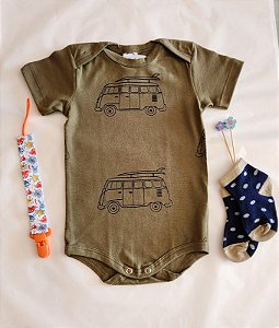 Body para Bebê Manga Curta Verde Mini Kombi