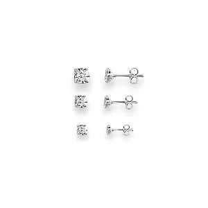 TRIO PRATA 925 BRINCOS PONTO DE LUZ ZIRCÔNIA QUADRADO