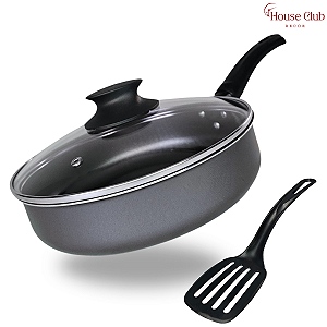Frigideira Alta 24 cm Antiaderente Teflon com Tampa de Vidro Cor Preto Grafite
