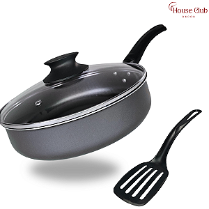 Frigideira Alta 18 cm Antiaderente Teflon com Tampa de Vidro Cor Preto Grafite