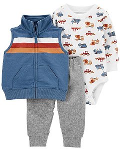 Trio de inverno Carters, calça moletom cinza, body manga longa caminhões, colete azul e listras coloridas