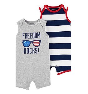 Pack 2 rompers regata Carters cinza com oculos EUA e branco com listra azul